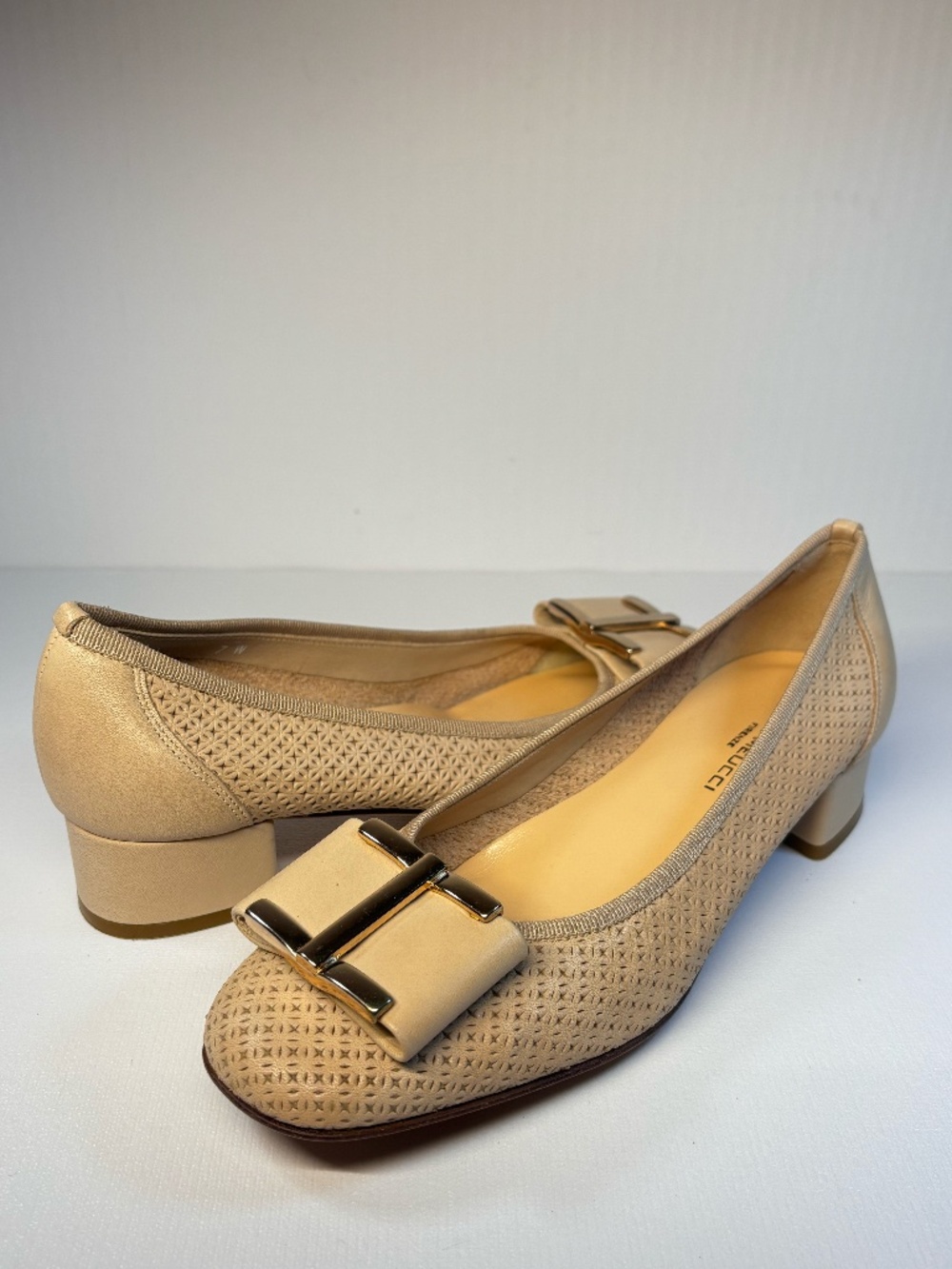 Sesto Meucci Firenze Italy Beige Leather Bow Pumps Block Heel Size 7W